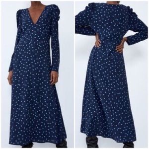 Zara V Neck Polka Dot Maci Dress with Puff Sleeve